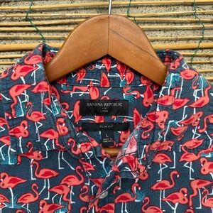 Banana Republic Linen Cotton Flamingo Print Shirt Size Large‎ Short Sleeve